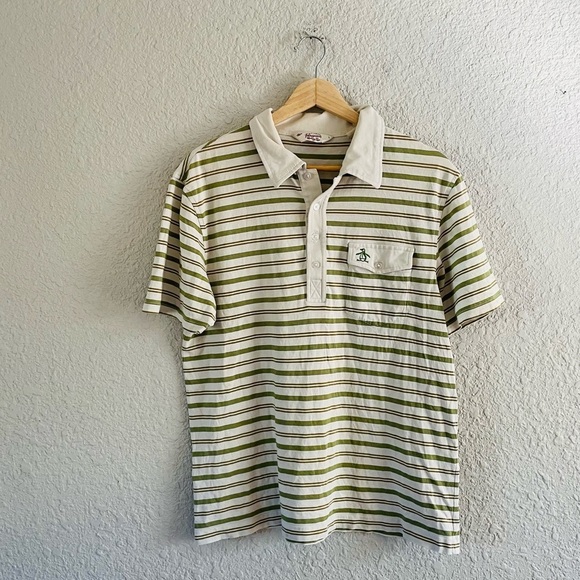 Vintage Penguin Green & Cream Striped Classic Polo Shirt - Picture 1 of 13